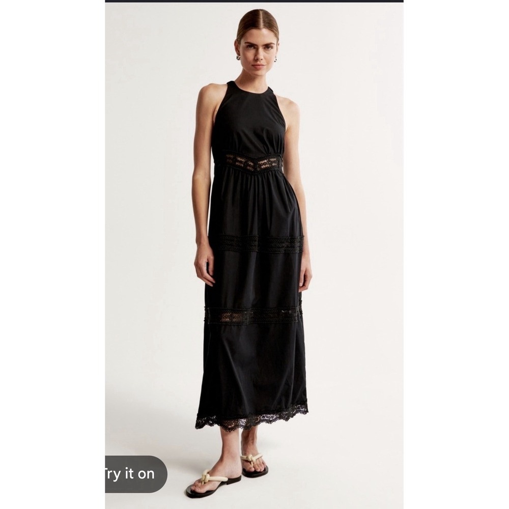 Abercrombie & Fitch High Neck Crochet Cotton Blend Maxi Black Dress Large Tall